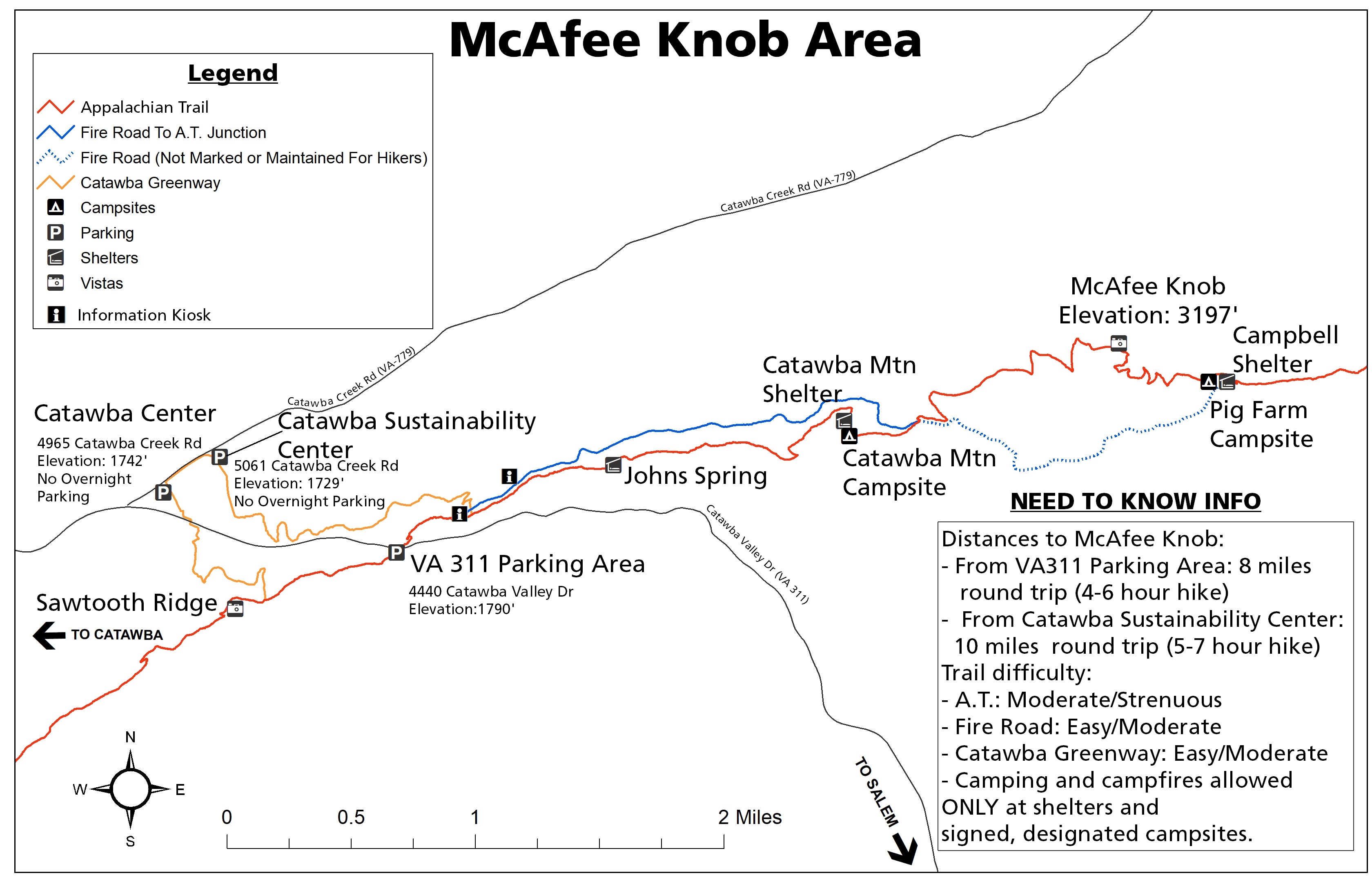 A map of the McAfee Knob area, suitable for dayhiking purposes