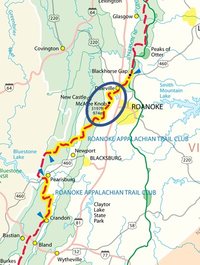 A map of RATC's section of the AT with the Triple Crown circled.